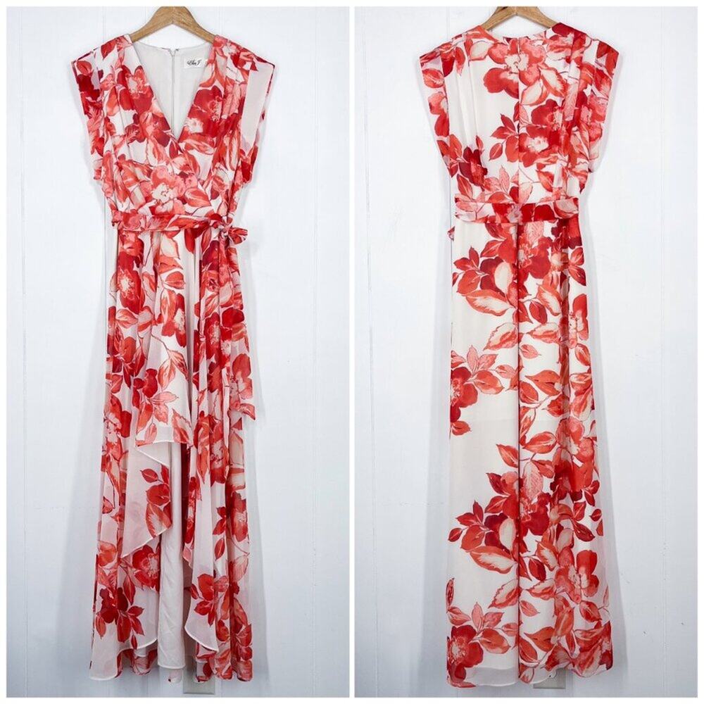 Eliza J Floral Chiffon Dress High Low Surplice Neck Tie Waist Size 10 Red White